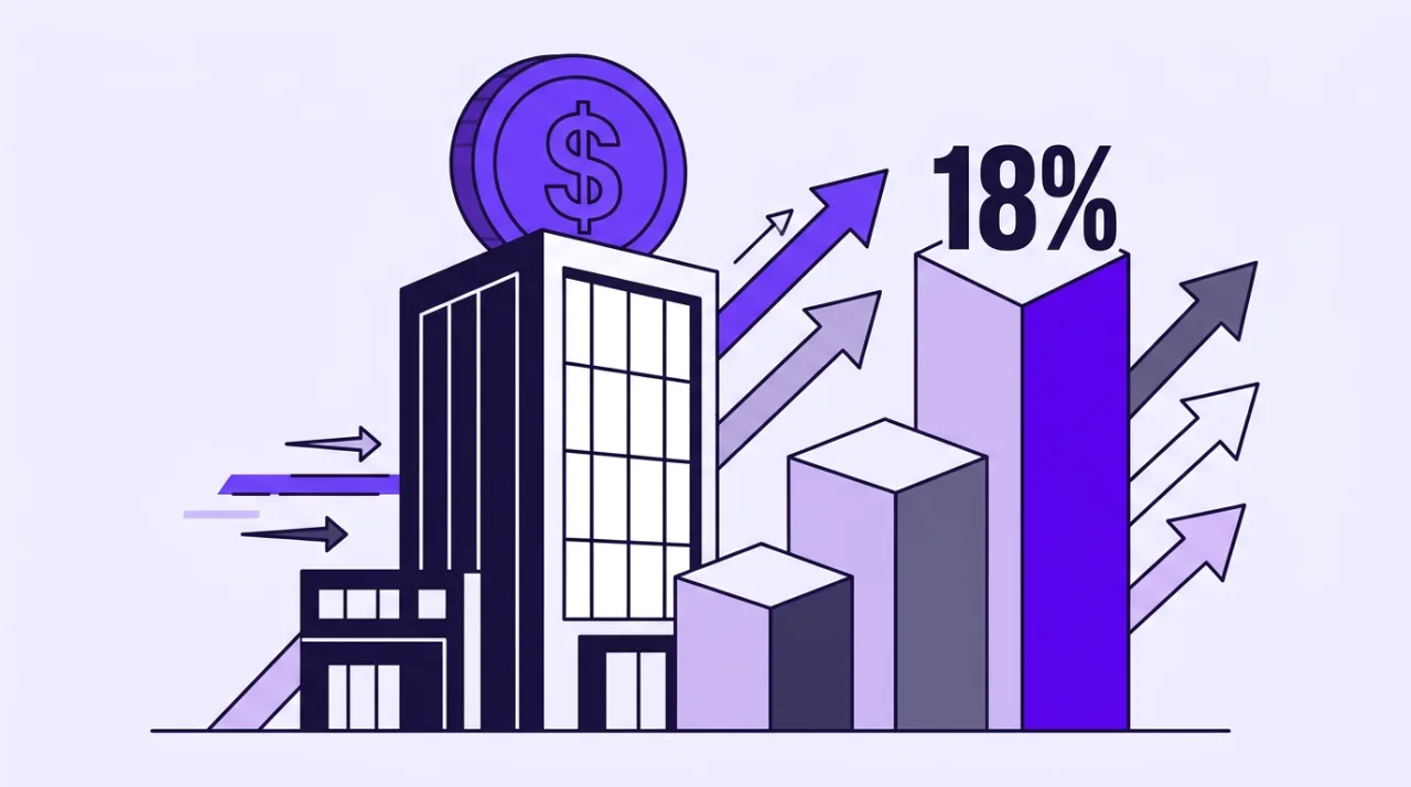 Editorial 2D illustration showing corporate stablecoin adoption rising to 18% with graphic enterprise buildings.