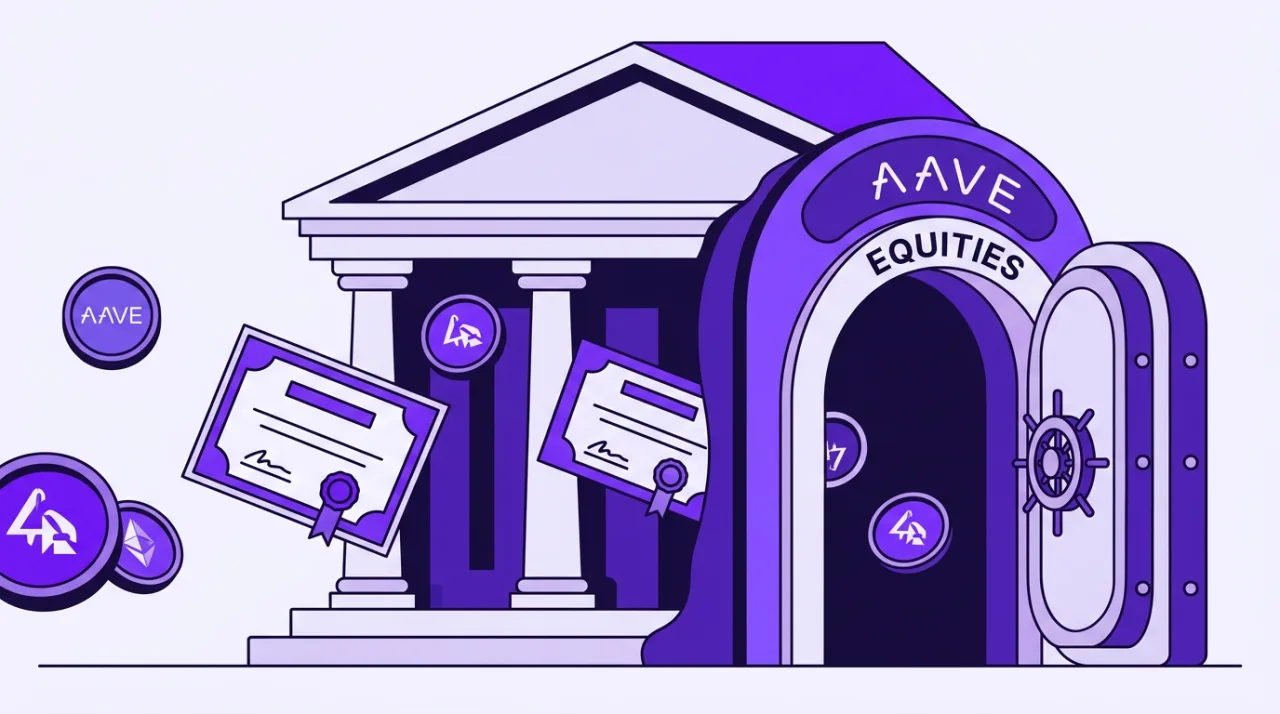 2D vector illustration of Aave tokenized stocks and digital equities vault in electric purple style