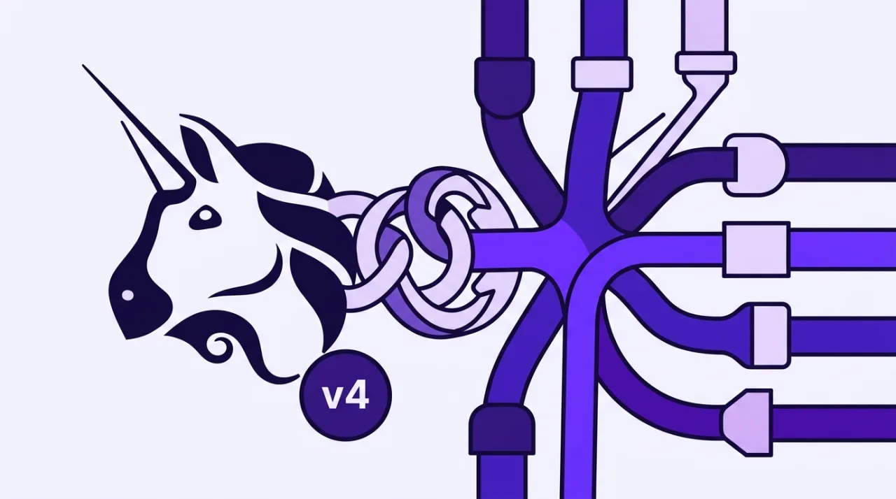 Uniswap v4 aggregator hooks 2D vector illustration channeling multi-chain liquidity streams