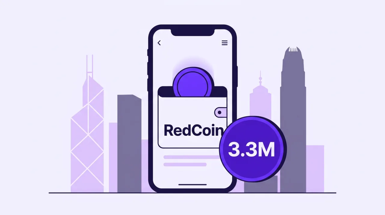2D vector illustration of HSBC RedCoin launching inside a retail smartphone payment app in Hong Kong.