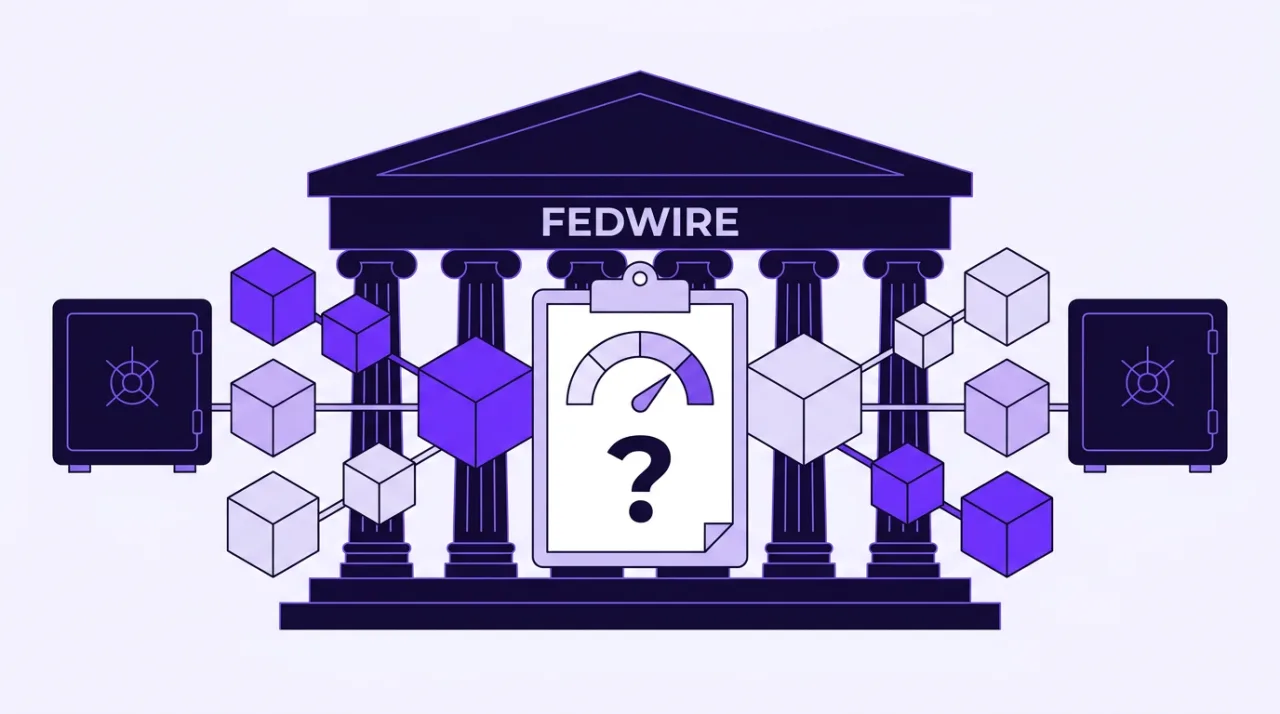 Fedwire building with unverified blockchain settlement nodes in 2D purple editorial style.