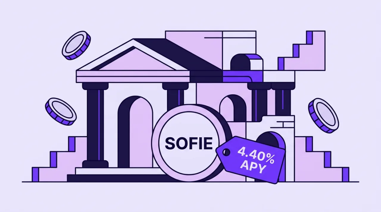 2D vector illustration of SoFi SOFIE tokenized deposit with bank facade and 4.40% APY badge