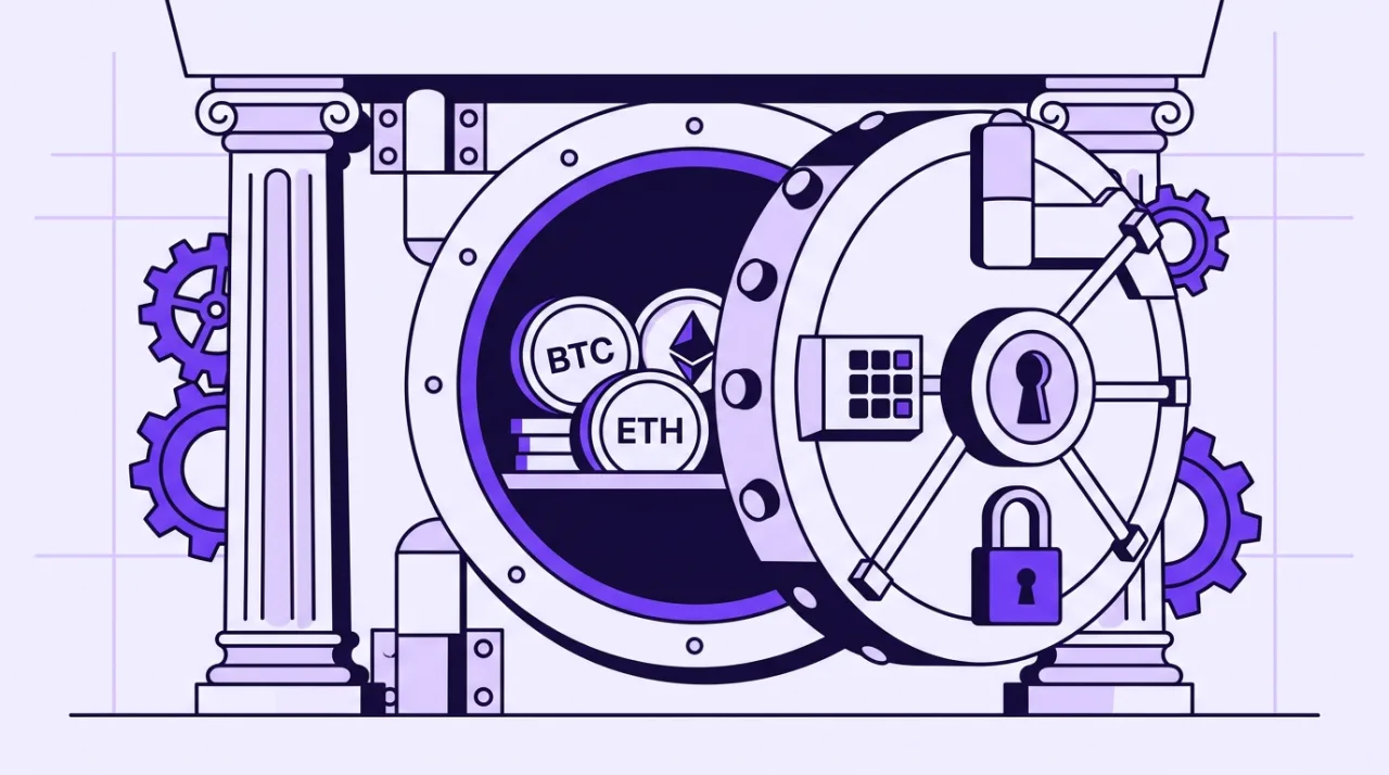 Stylized 2D bank vault protecting crypto tokens representing Deutsche Bank institutional custody rollout.