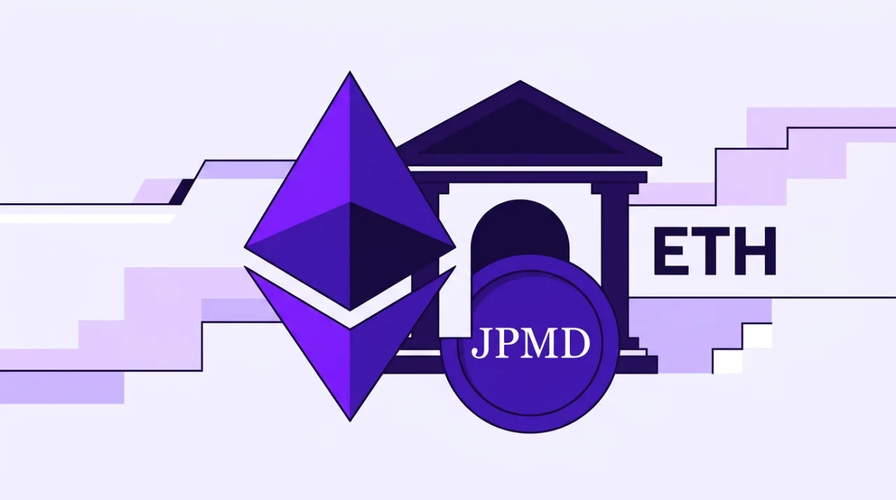 2D editorial illustration of JPM Coin token JPMD bridging into Ethereum institutional finance