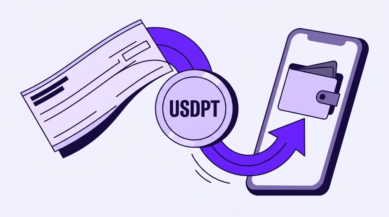 Editorial illustration of Western Union and Noah USDPT stablecoin receiver redirect transfer mechanism.