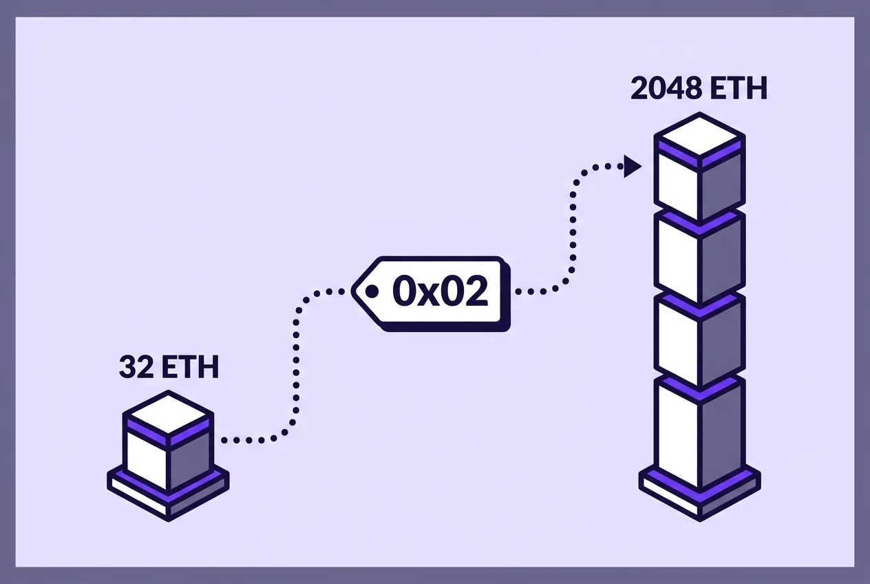 Graphic comparing initial 32 ETH staking bond to compounding 2048 ETH validator capacity under 0x02