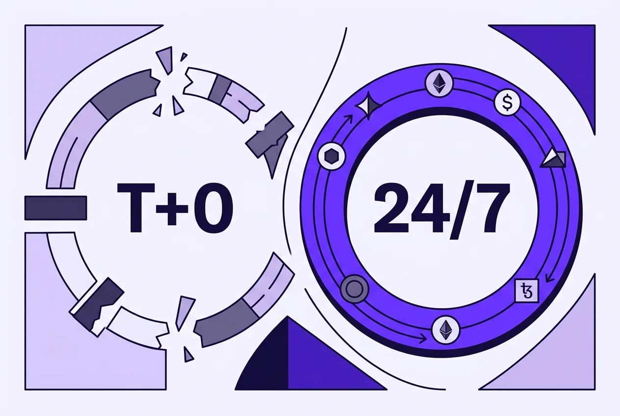 Vector graphic showing continuous 24/7 tokenized asset settlement versus legacy clearing.