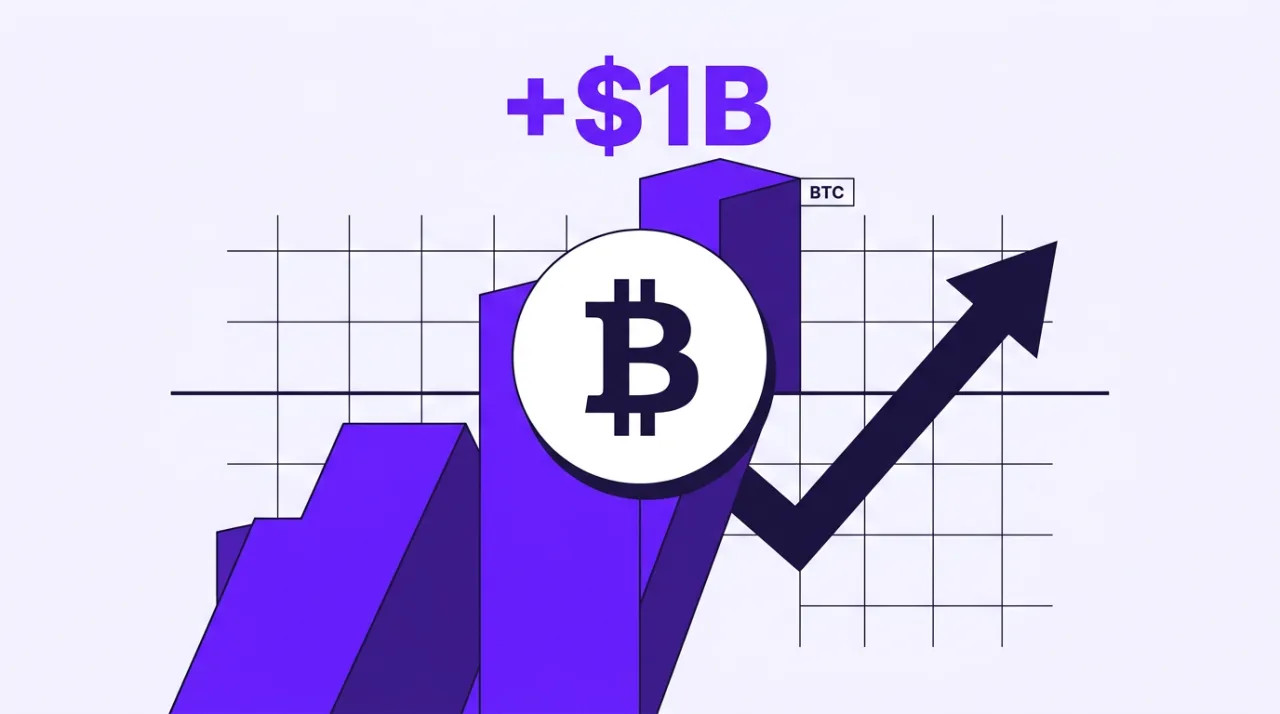 2D vector illustration of rising purple columns lifting a Bitcoin emblem with a +$1B sign celebrating ETF inflows.
