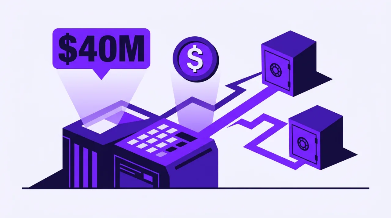 2D editorial illustration showing a $40M stablecoin financial platform funding round with vector vaults.