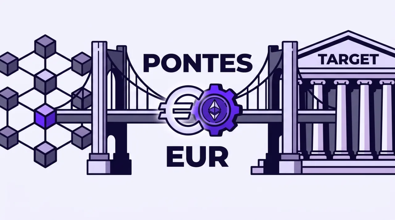 2D vector illustration of the ECB Pontes bridge connecting TARGET central bank systems with DLT platforms.