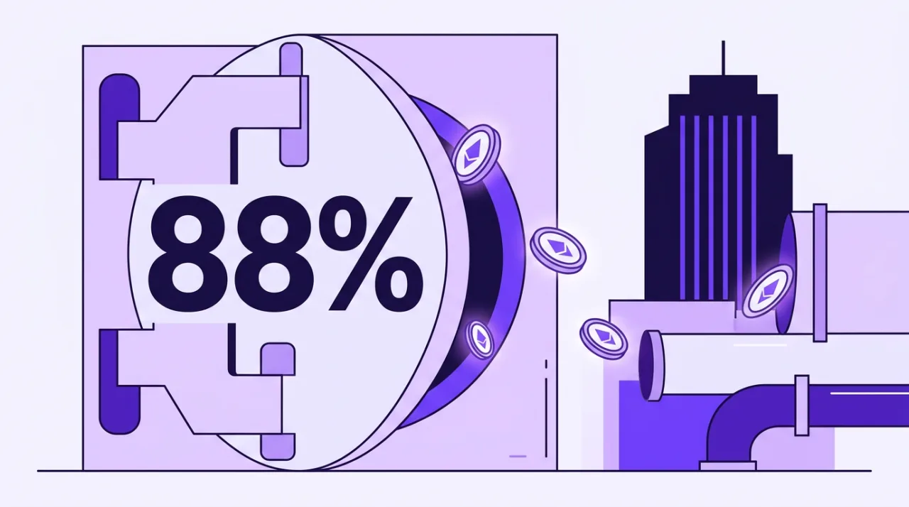 Minimalist purple 2D illustration of a corporate vault opening with 88% tokenized money adoption rate text.