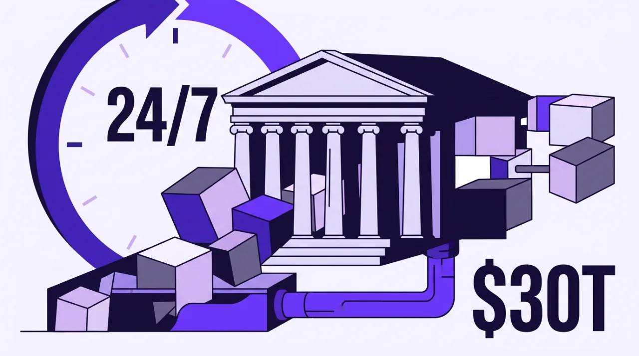 Stylized 2D graphic of a Wall Street bank facade integrated with tokenized blockchain rails and a 24/7 clock.