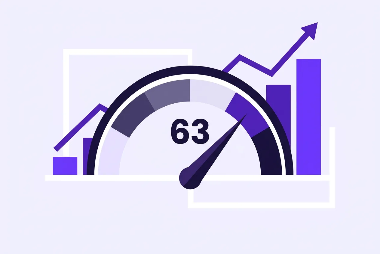 Flat vector infographic showing the crypto fear and greed index gauge pointing to 63.