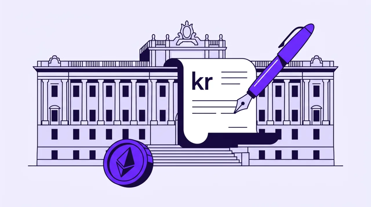 Editorial illustration of a legislative document and digital e-krona coin outside the Swedish parliament.