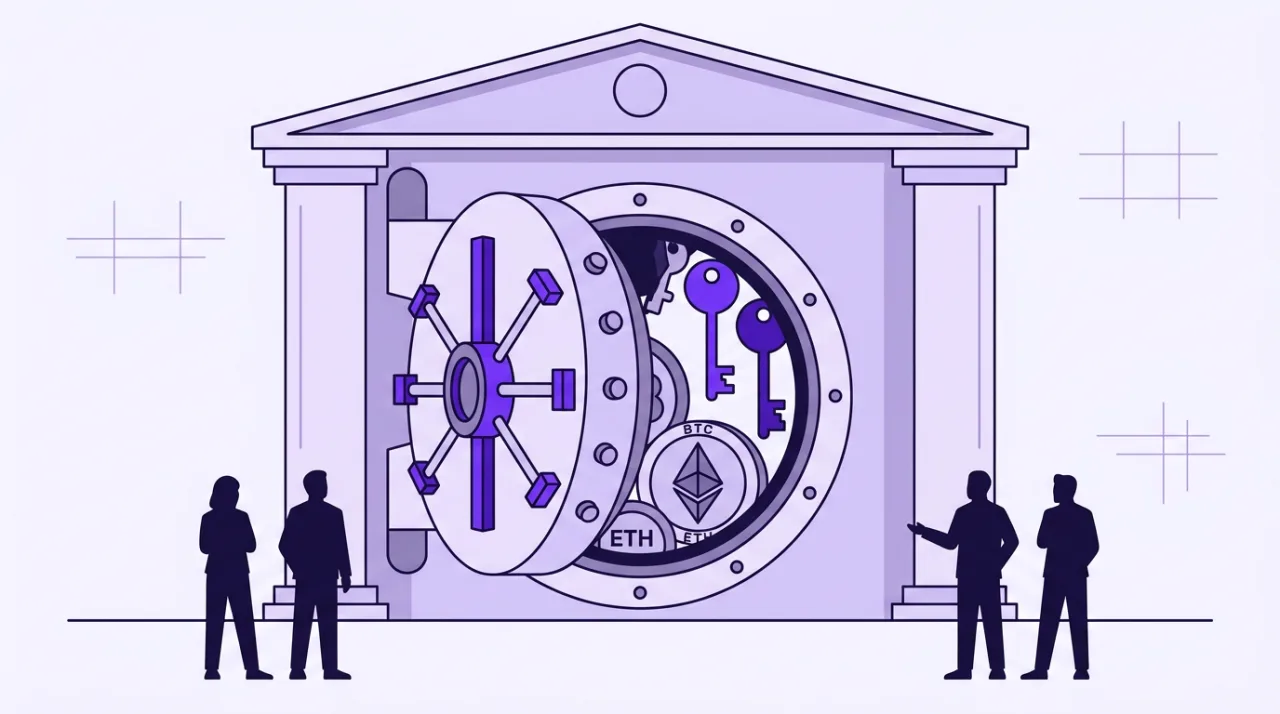 Flat 2D vector illustration of an institutional bank vault opening to secure cryptocurrency private keys.
