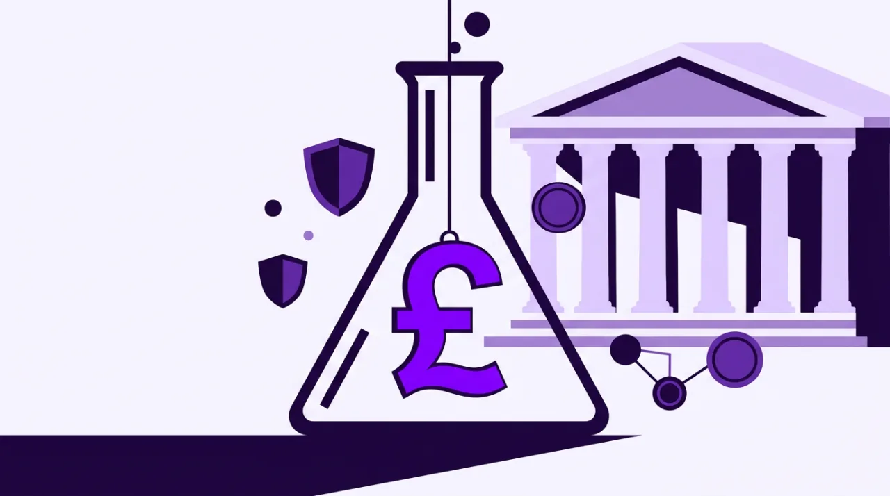 2D vector illustration of an electric purple Digital Pound symbol tested in a Bank of England lab concept.