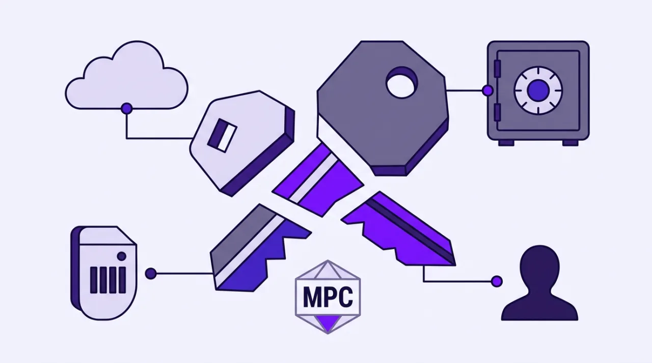 Google Multi-Party Compute key split into three secure segments in flat purple editorial vector style.