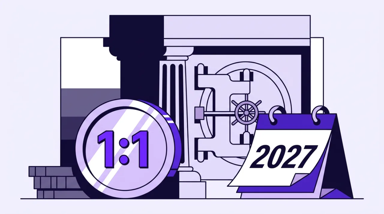 2D vector editorial graphic showing a stablecoin emblem and a 2027 calendar beside an OCC bank vault pillar.