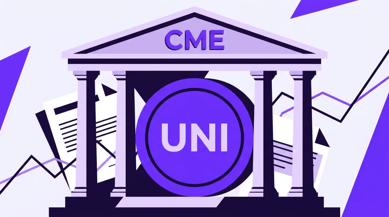 CME Uniswap futures editorial illustration featuring institutional columns and UNI token in violet pop style.