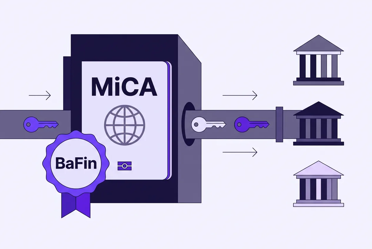 Editorial vector infographic showing European MiCA and BaFin regulatory approval for digital asset custody.