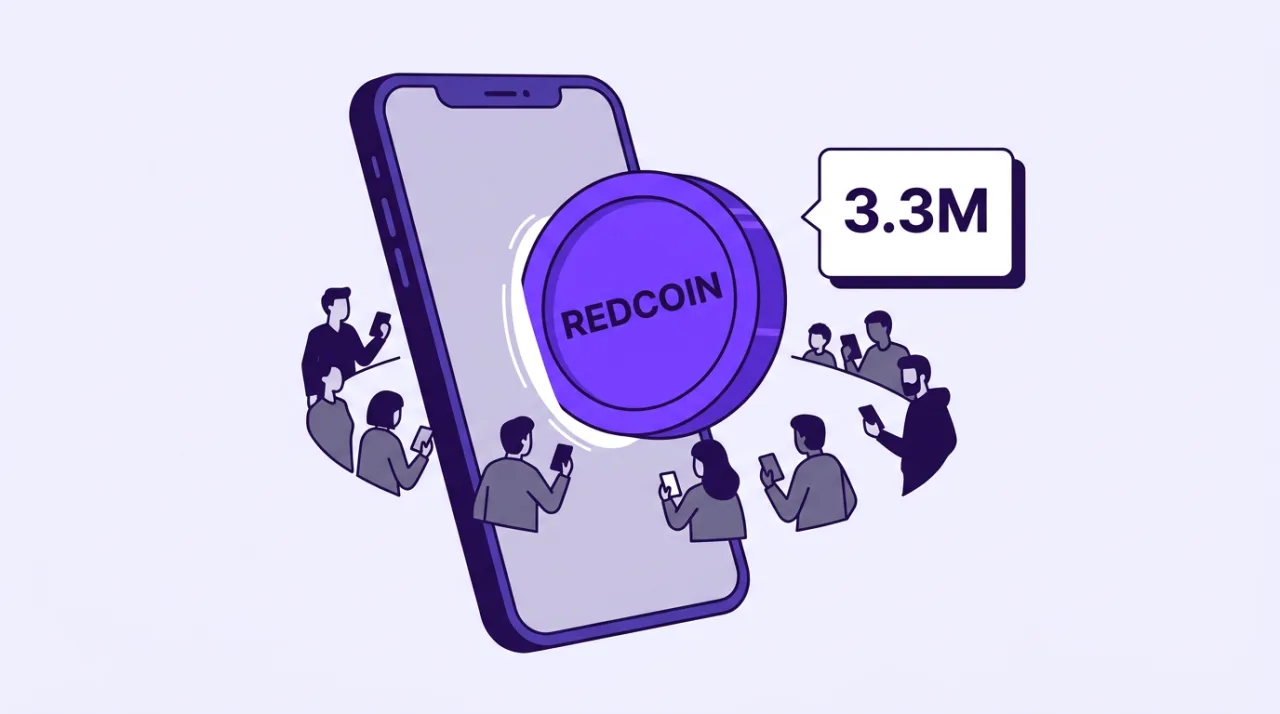 2D illustration of a smartphone issuing an HSBC RedCoin stablecoin to 3.3 million mobile users.