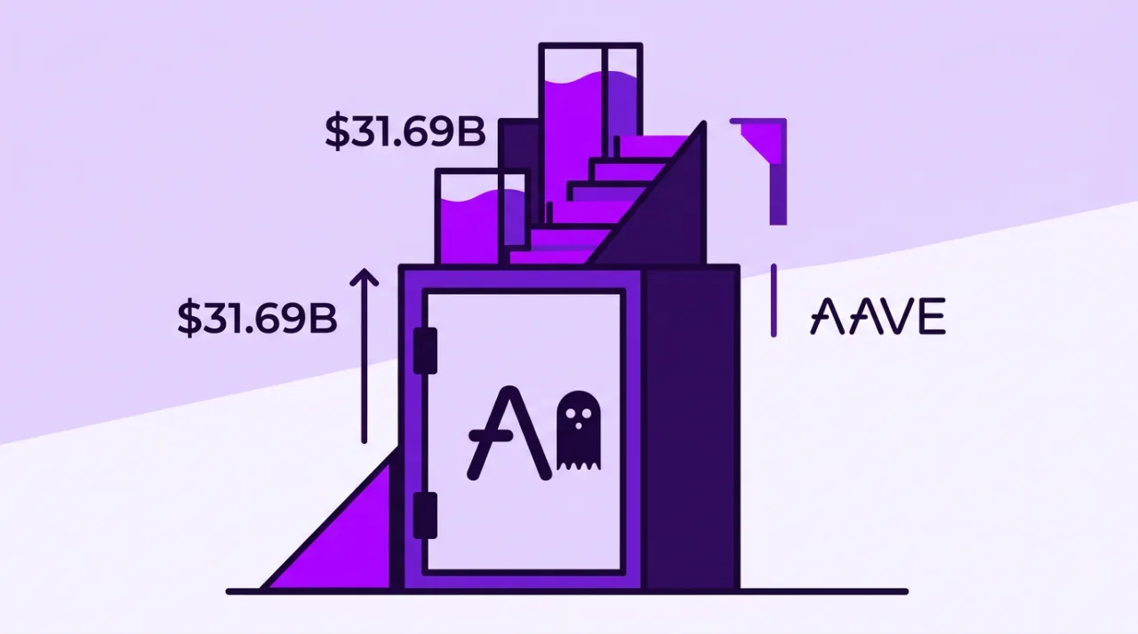 Aave TVL editorial illustration showing a monumental violet geometric vault reaching 31.69 billion dollars.