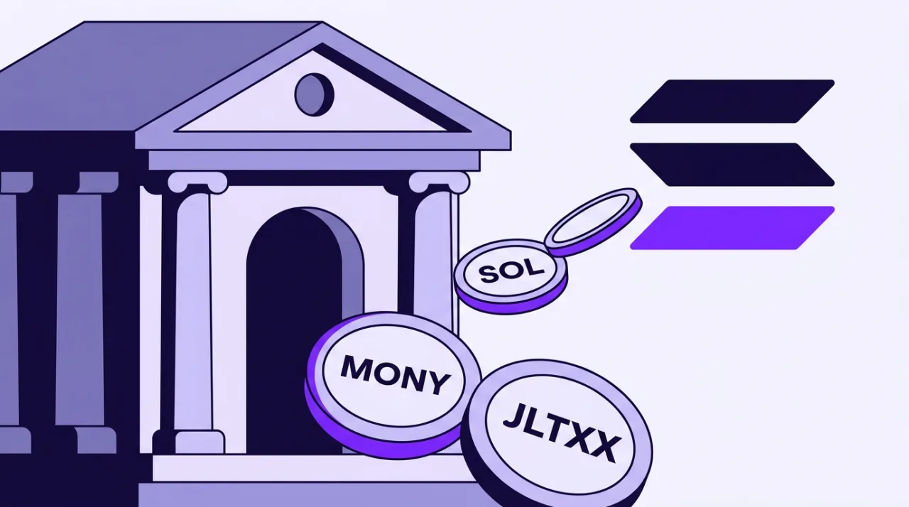 2D vector illustration of institutional bank releasing MONY and JLTXX tokenized funds onto the Solana network