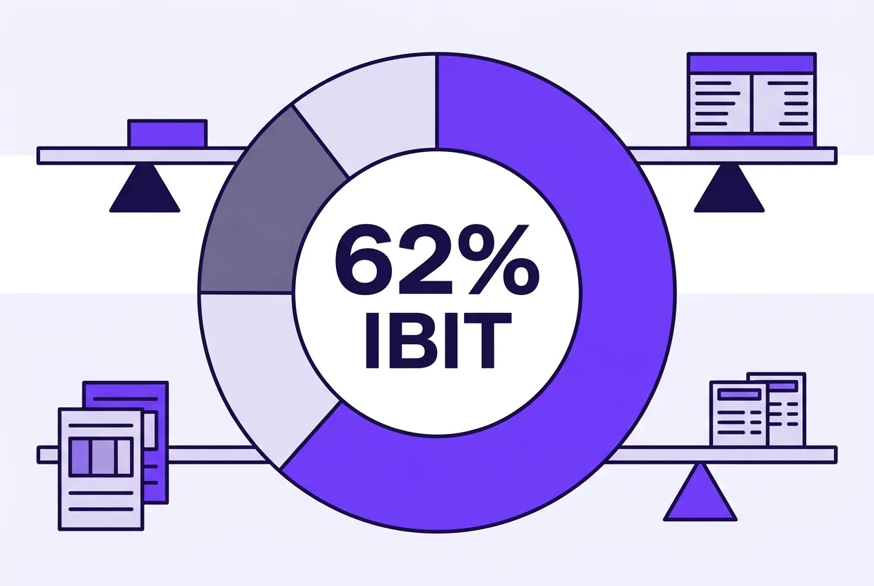 Infographic showing BlackRock IBIT commanding 62 percent market share of US spot Bitcoin ETFs.