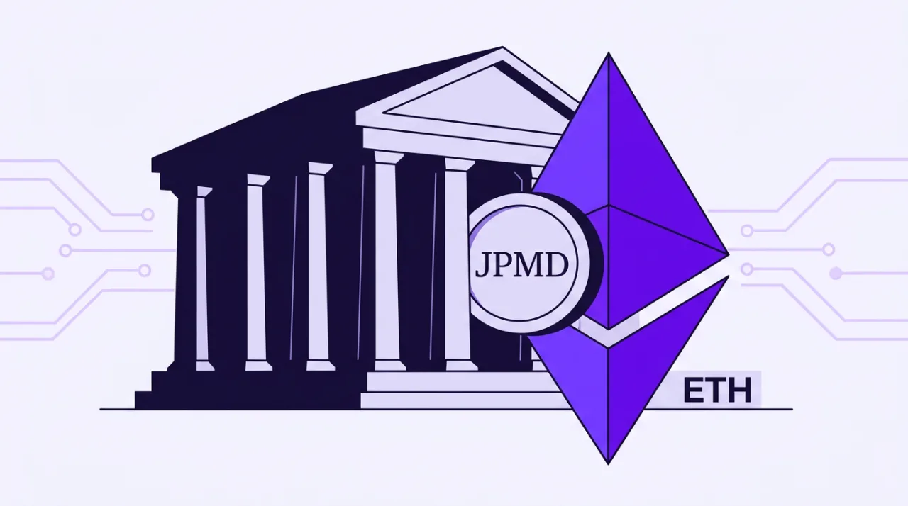 2D vector illustration of a bank building bridging with Ethereum diamond for JPM Coin tokenized deposits.