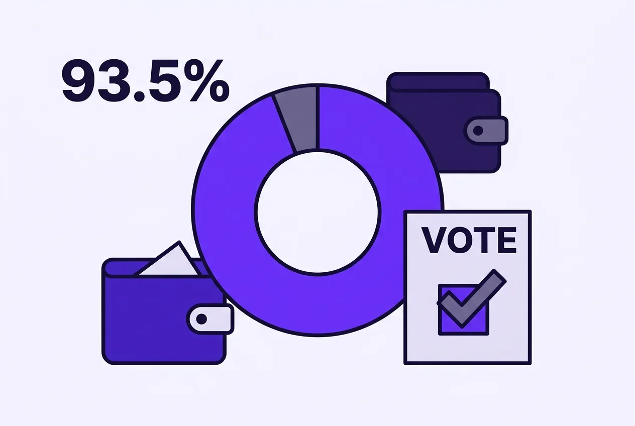 2D infographic showing 93.5% community vote in favor of Starknet quantum research roadmap.