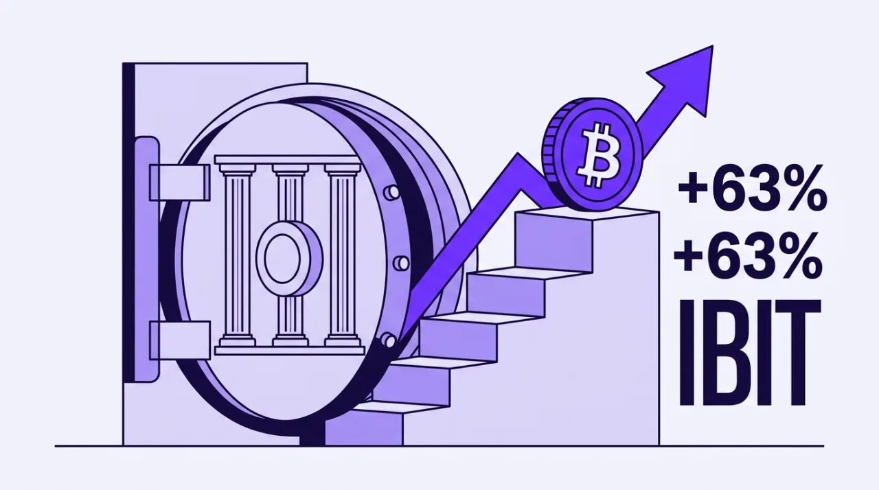 2D vector illustration showing BlackRock IBIT Bitcoin ETF soaring with +63% growth and a bank vault metaphor.