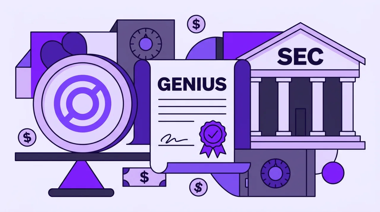 Editorial vector art of Circle and SEC regulatory alignment on stablecoin cash treatment under the GENIUS Act