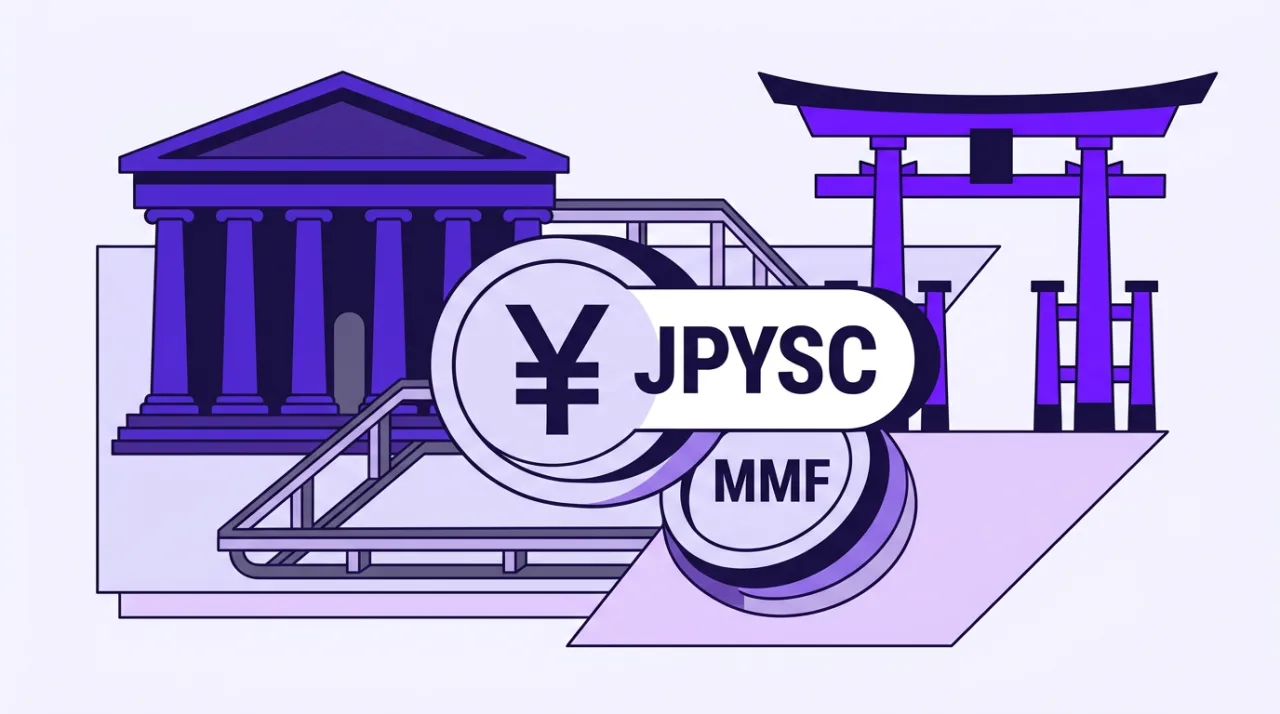 2D vector editorial illustration showing tokenized MMF connecting with JPYSC yen stablecoin infrastructure.