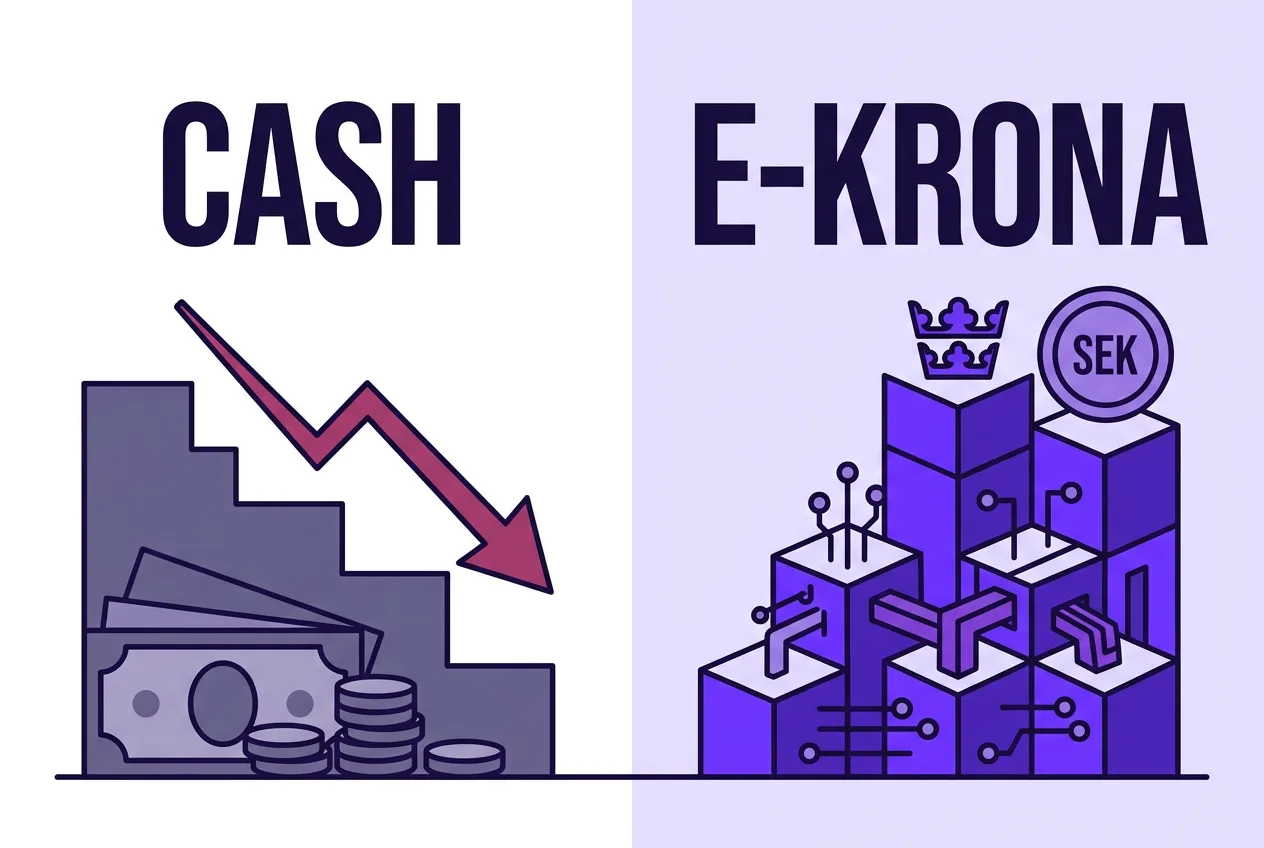 Graphic showing the decline of physical cash and the rise of Sweden's digital e-krona payment system