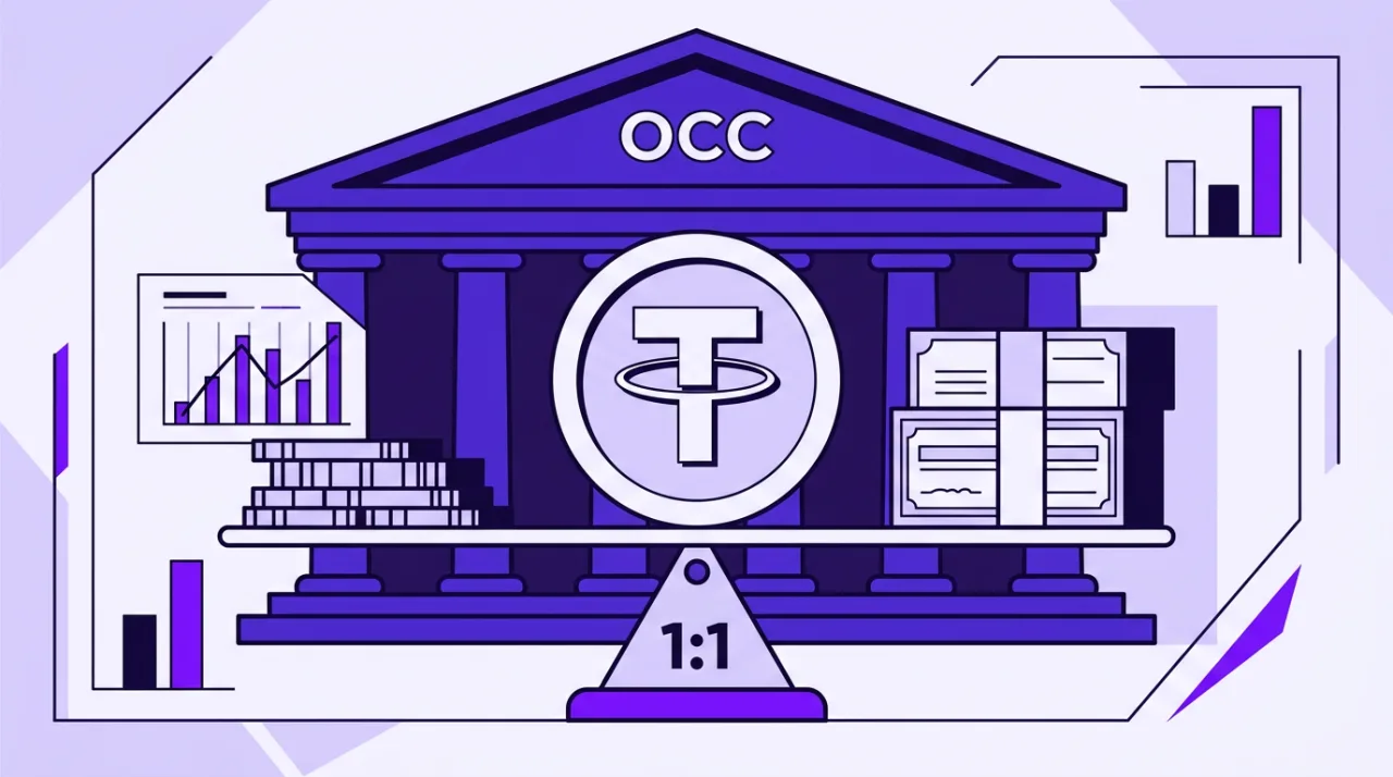 2D vector illustration of a stablecoin balanced 1:1 on scales before the OCC building.