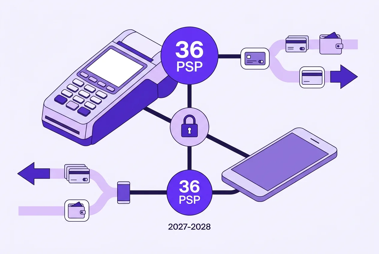 Editorial graphic illustrating digital euro payment testing with 36 providers for 2027-2028 rollout.