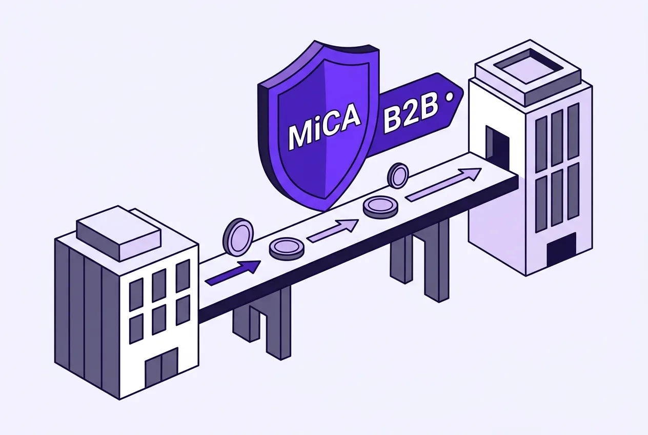 Flat vector infographic showing corporate cross-border B2B stablecoin payments and regulatory frameworks.