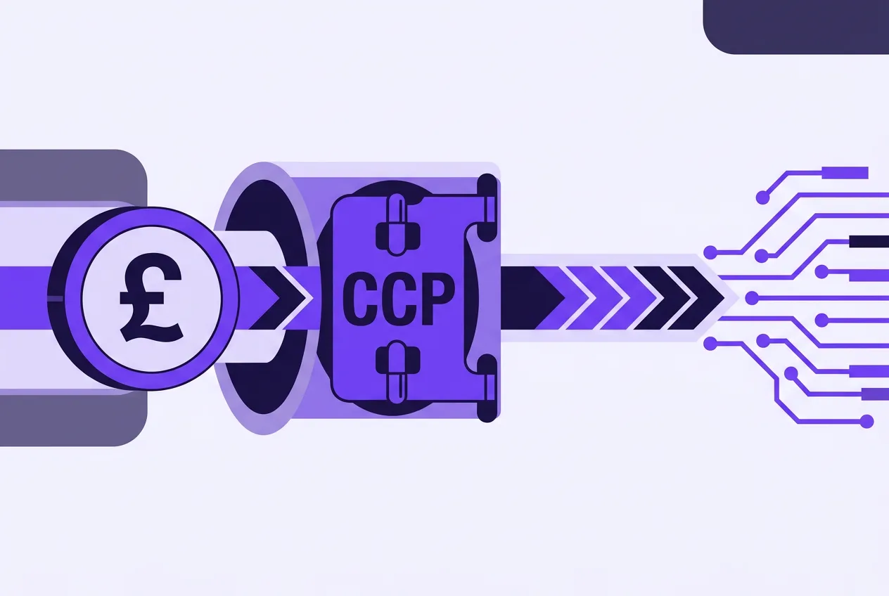 Flat vector graphic showing digital gilt collateral entering a CCP central clearing vault.