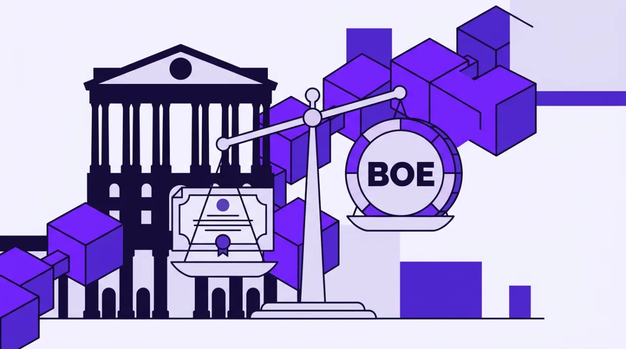 Bank of England architectural silhouette balancing tokenised collateral and bonds in central clearing.