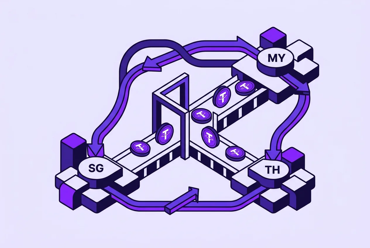 2D vector diagram showing cross-border stablecoin settlement hubs and currency transfer rails.