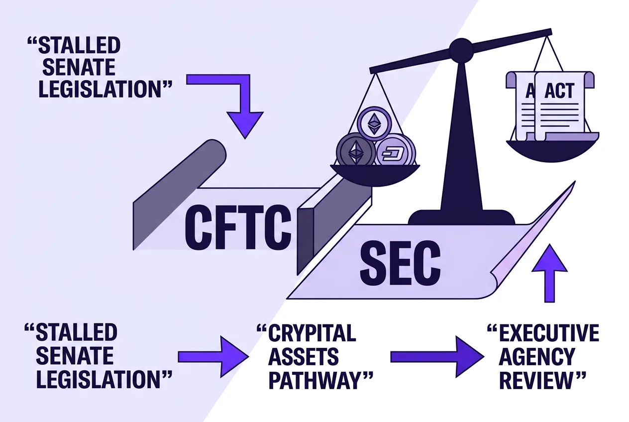 2D infographic showing CFTC and SEC regulatory jurisdiction split for cryptocurrency oversight.