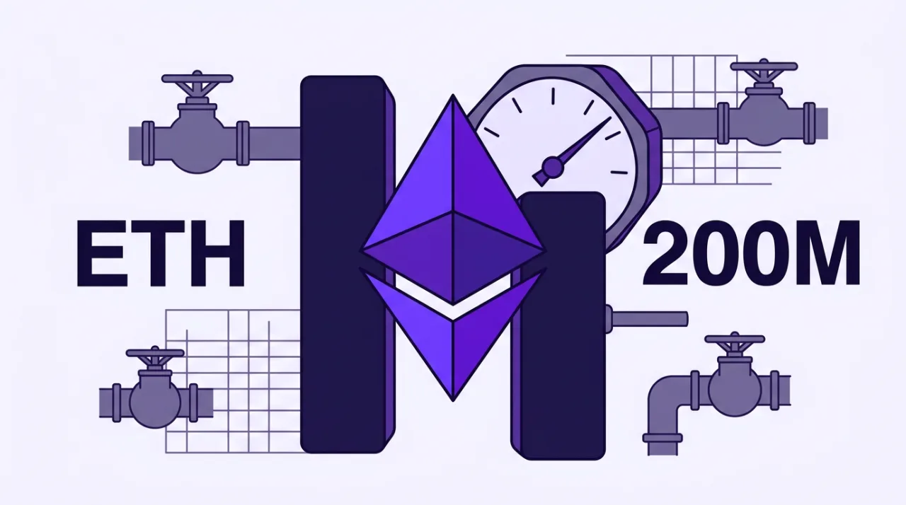 Stylized Ethereum emblem with pause bars and a gas meter gauge indicating testnet postponement.