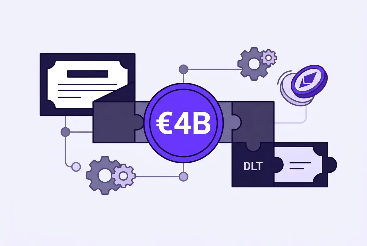 Flat vector infographic illustrating €4B in European DLT fixed-income debt issuance.