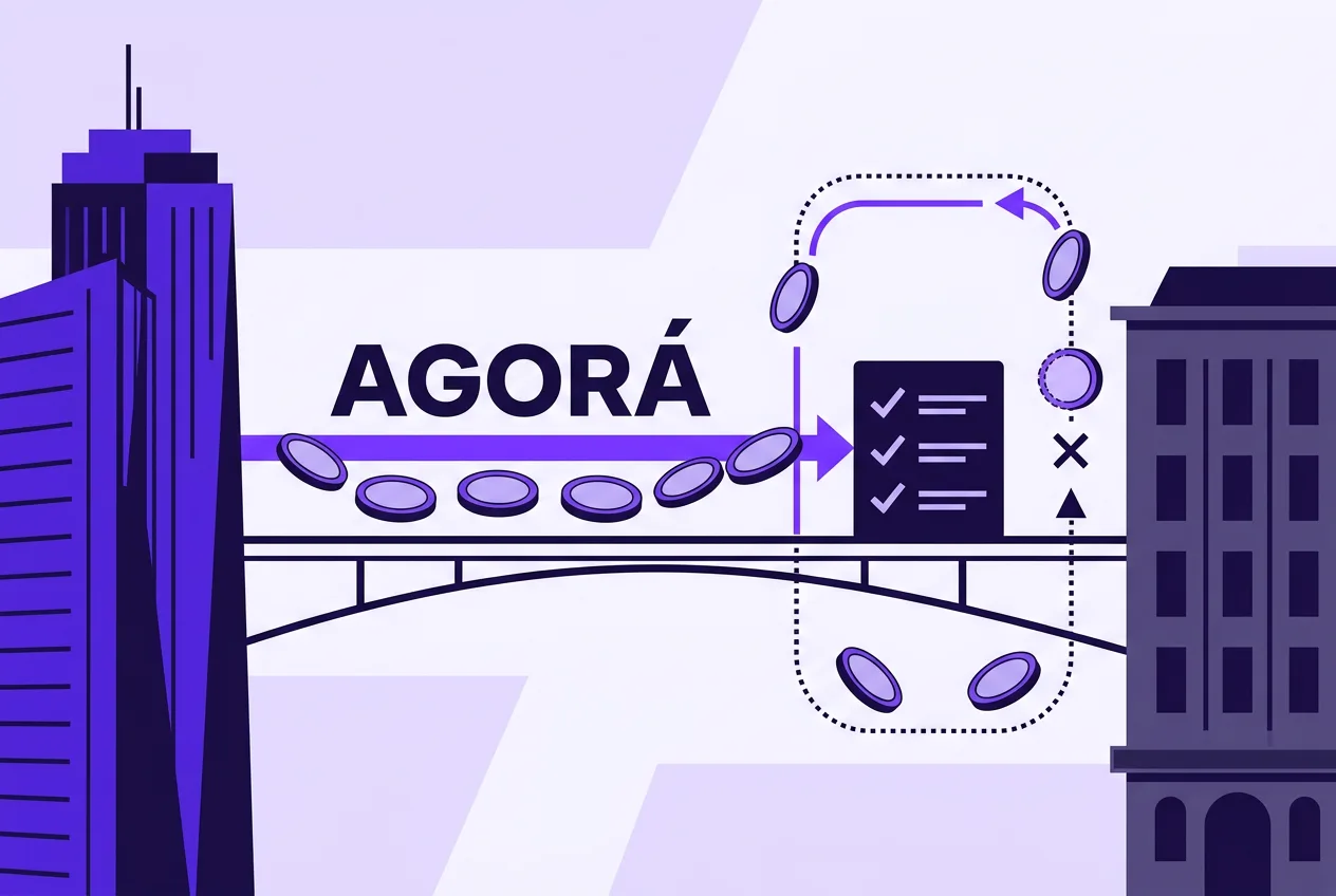 Infographic showing cross-border tokenized deposits and blockchain settlement trials in 2D purple vector art.