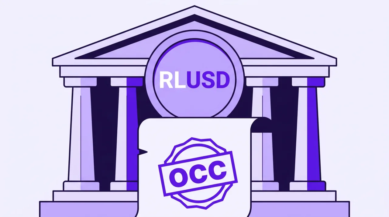 Ripple National Trust Bank illustration with RLUSD token and OCC approval seal in purple flat vector style.