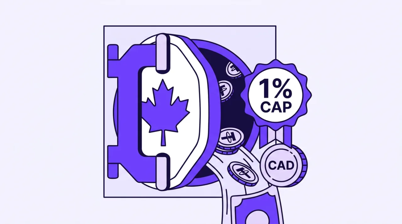 Editorial 2D illustration of Canadian stablecoin rules featuring a vault door, CAD symbol, and a 1% fee cap badge.
