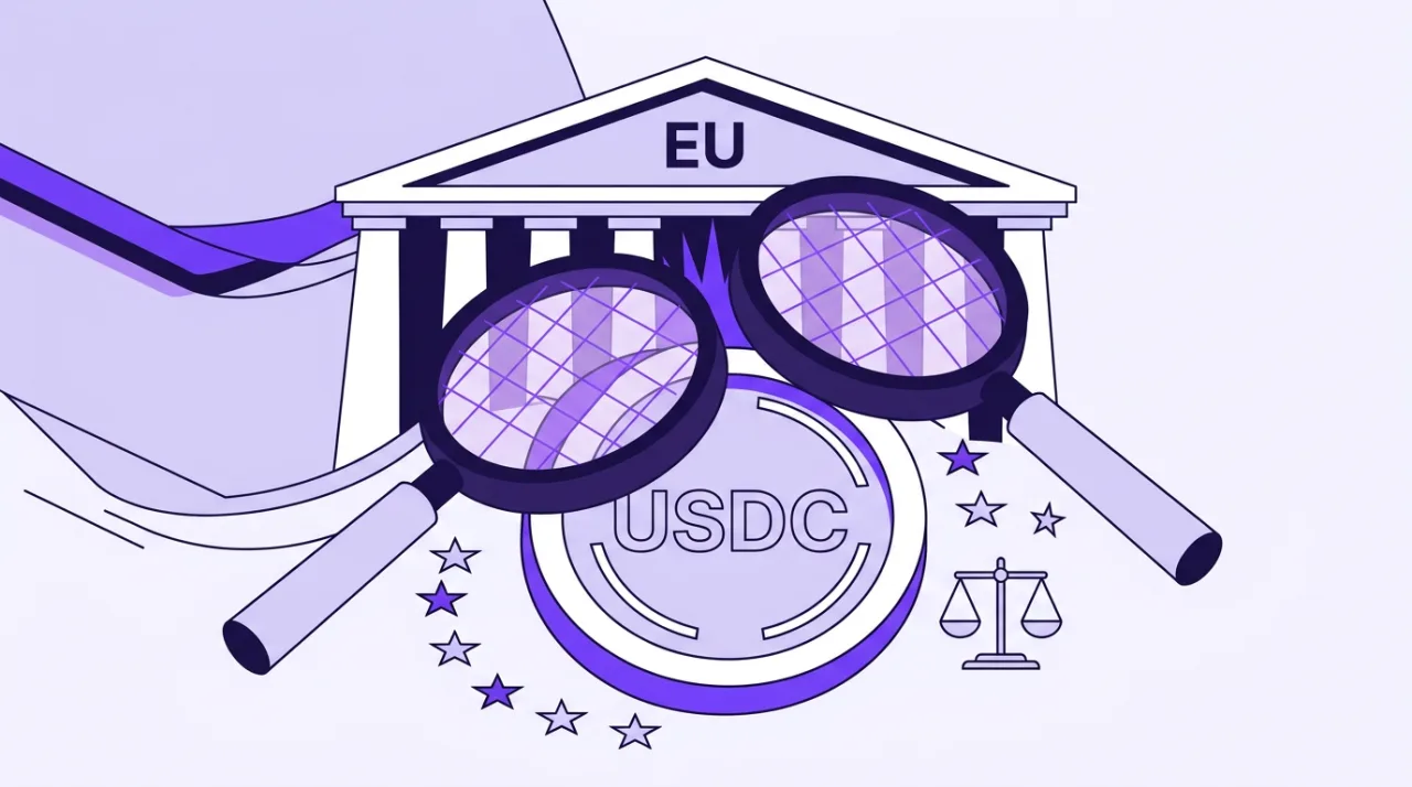 Flat vector illustration of a USDC stablecoin examined under MiCA European regulatory magnifying glasses.