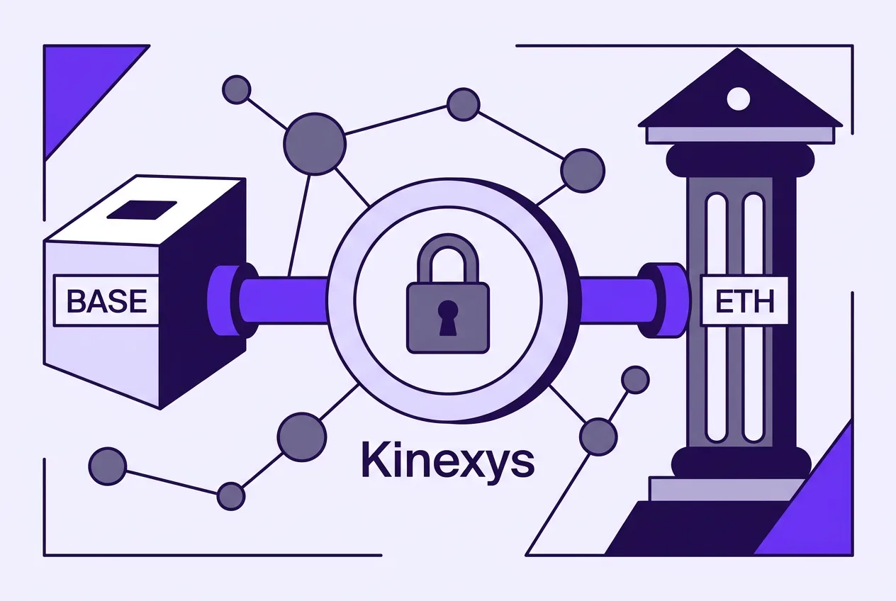 2D infographic showing institutional multi-chain deposit token transfer between Base and Ethereum mainnet.