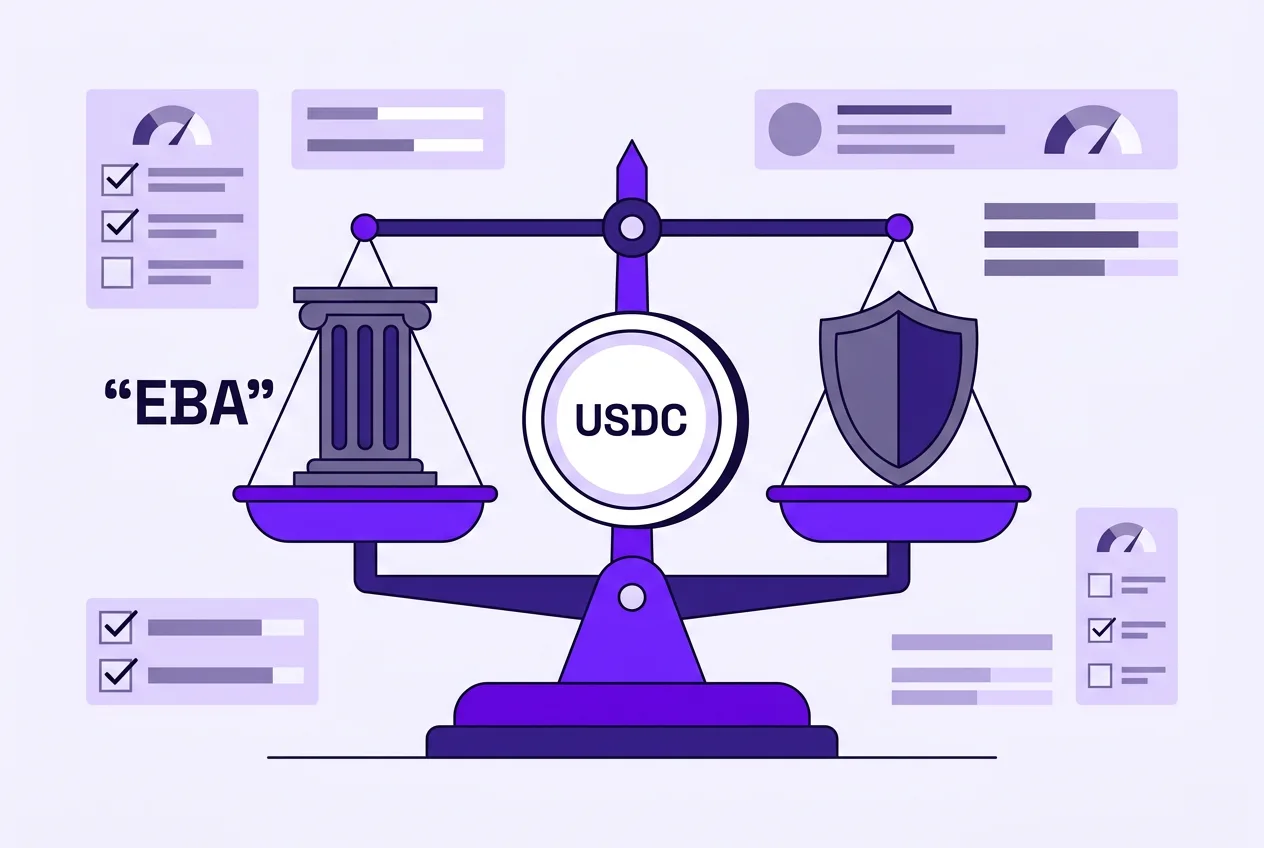 2D vector infographic showing EBA dual supervision framework balancing over a USDC stablecoin.