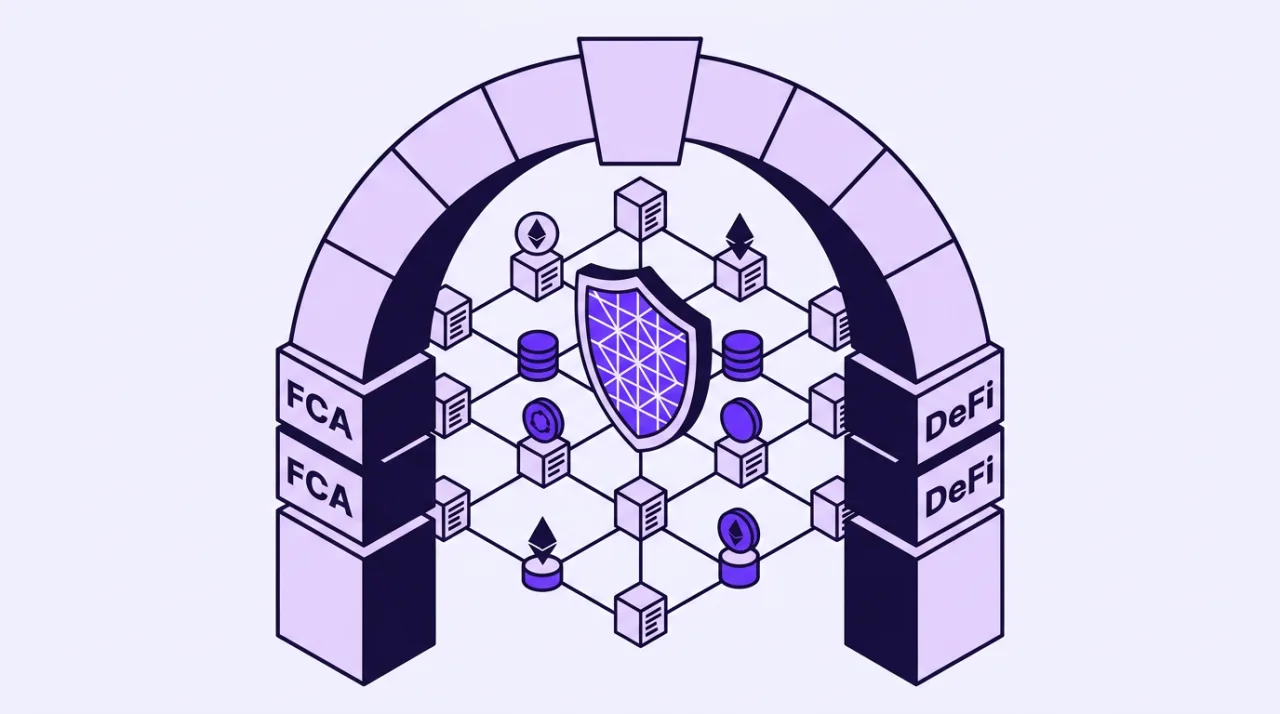FCA DeFi regulatory guidance illustration featuring operational resilience shield and smart contract network.